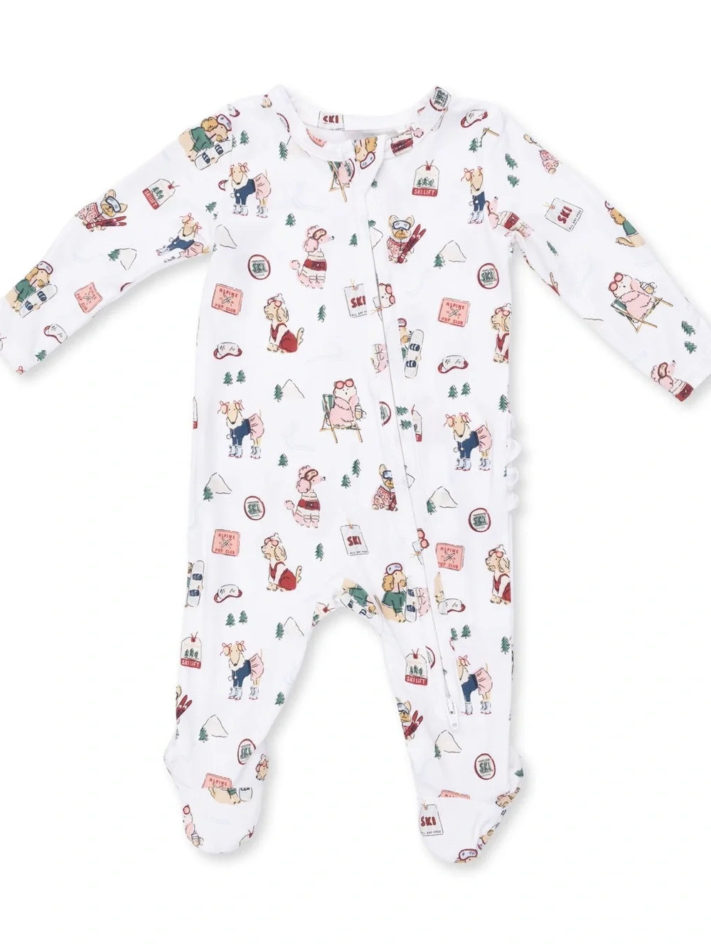 Angel Dear Ski Dogs Winter Sports Ruffle Back Footie 0-3 3-6 6-9 months